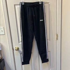 Black Fleece Adidas Sweatpants with White Stripes & Cuffed Bottoms